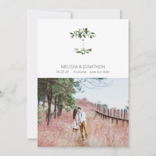 Weiße Magnolienflora rustikales Bild Save The Date (Vorderseite)