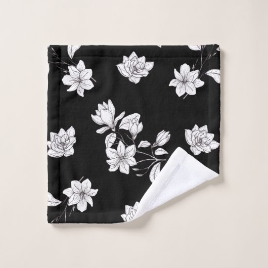 Weiße Magnolienzweige auf Schwarz Badhandtuch Set (Waschlappen)