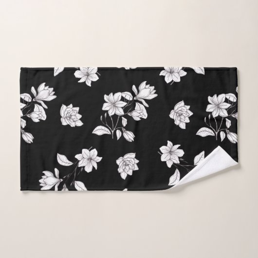 Weiße Magnolienzweige auf Schwarz Badhandtuch Set (Handtuch)