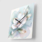 Weiße Magnolische Blume mit goldener Kante Quadratische Wanduhr (Winkel)