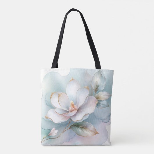 Weiße Magnolische Blume mit goldener Kante Tasche (Rückseite)