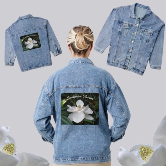 Weiße Magnolische Blume Südlicher Charme Jeansjacke