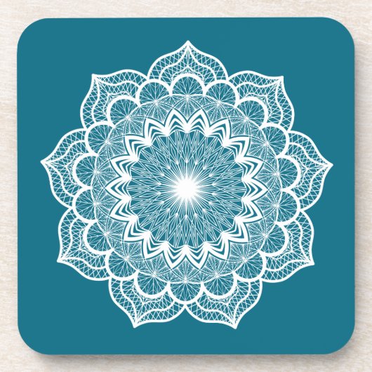 Weiße Mandala auf blauem Hintergrund Getränkeuntersetzer (Vorderseite)