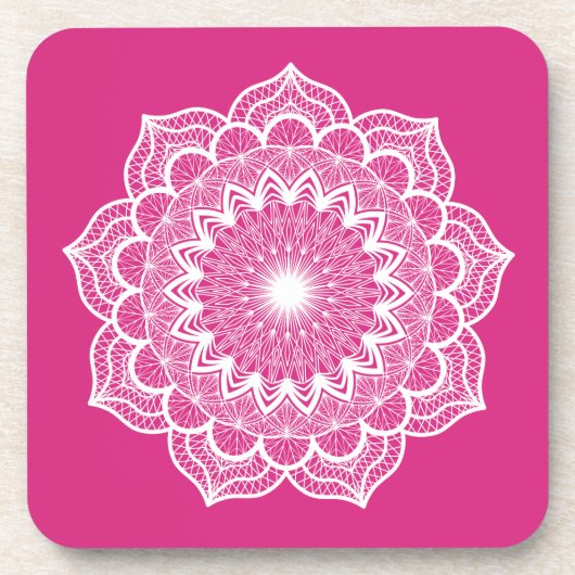 Weiße Mandala auf rosa Hintergrund Getränkeuntersetzer (Vorderseite)