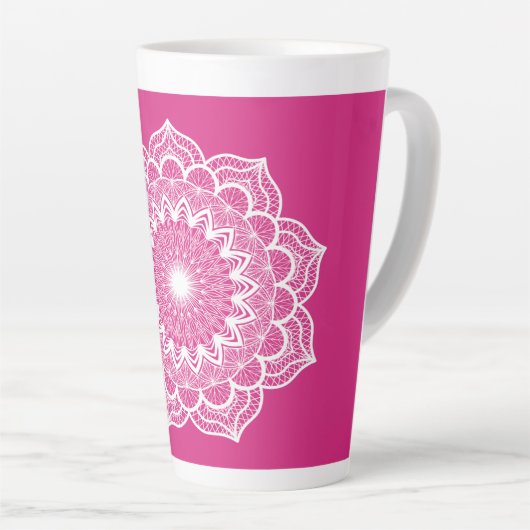 Weiße Mandala auf rosa Hintergrund Milchtasse (Rechte Ecke)