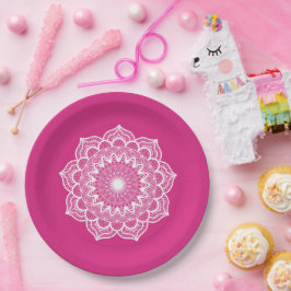 Weiße Mandala auf rosa Hintergrund Pappteller