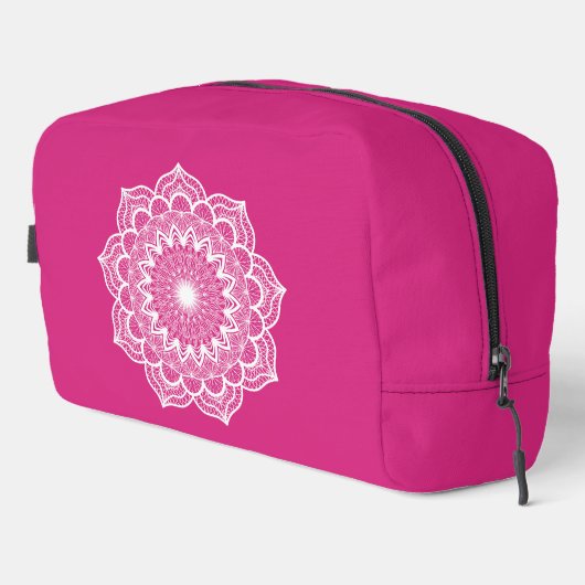 Weiße Mandala auf rosa Hintergrund Waschbeutel (Rechte Ecke)