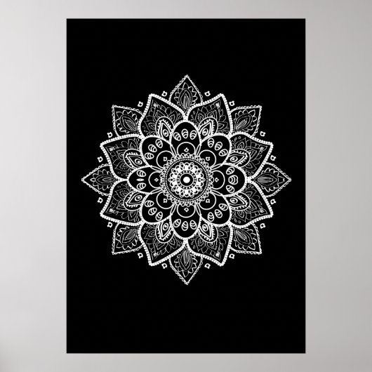 Weiße Mandala auf schwarz Poster (Vorne)