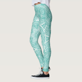 Weiße Mandala Kunstmuster auf Aquamarin blauem Grü Leggings