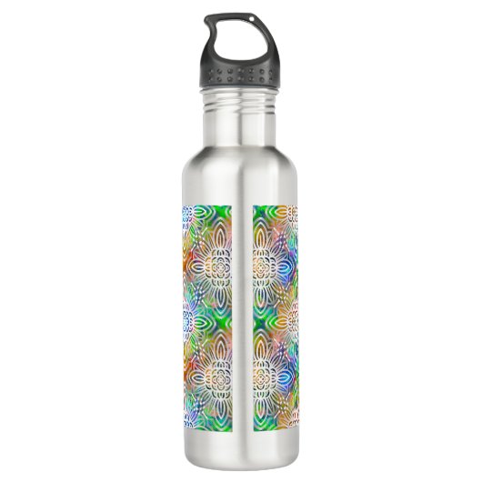 Weiße Mandala-Muster über farbenfrohe Juwelentöne Edelstahlflasche (Rückseite)