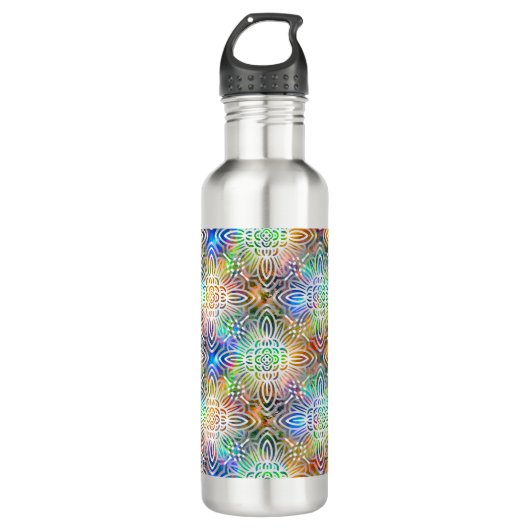 Weiße Mandala-Muster über farbenfrohe Juwelentöne Edelstahlflasche (Vorderseite)