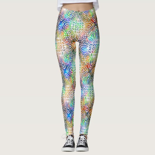 Weiße Mandala-Muster über farbenfrohe Juwelentöne Leggings (Vorderseite)
