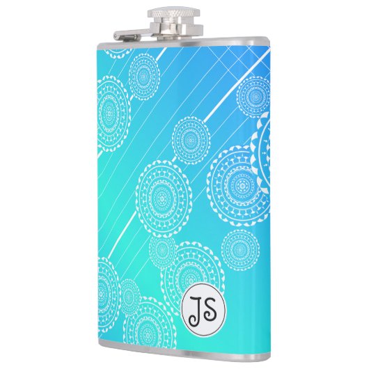 Weiße Mandalase auf Aqua Blue Rainbow Blend Monogr Flachmann (Links)