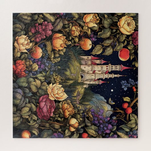 Weiße Märchenburg Nacht Vollmond Blume Puzzle (Horizontal)