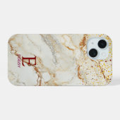 Weiße Marmor-Chic-Gold-Glitter-Monogramm iPhone 15 Hülle (Rückseite (Horizontal))