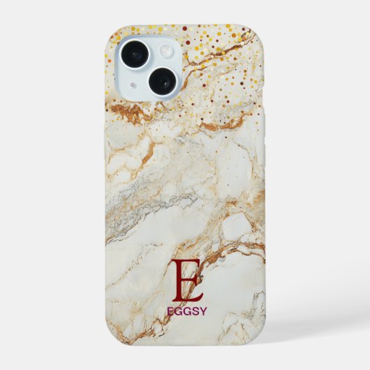 Weiße Marmor-Chic-Gold-Glitter-Monogramm iPhone 15 Hülle (Rückseite)