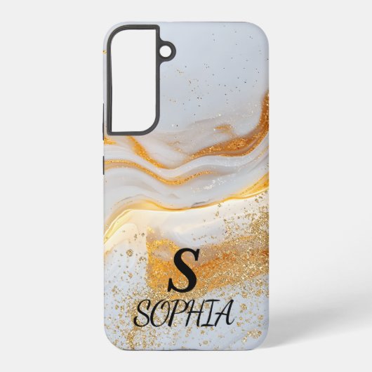 weiße Marmor-Chic-Gold-Glitter-Monogramm Samsung Galaxy Hülle (Rückseite)