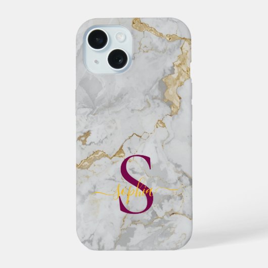 weiße Marmor-Gold-Glitter-Monogramm iPhone 15 Hülle (Rückseite)