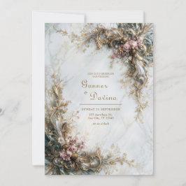 Weiße Marmor Gold Rosa Blumen-Rokokoko-Hochzeit Einladung