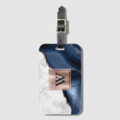 Weiße Marmor-Roségold-Navyblau-Achat-Monogramm Gepäckanhänger (Vorderseite Vertikal)