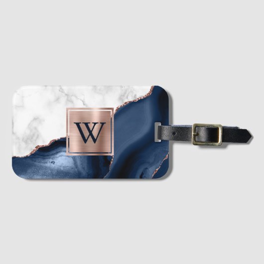 Weiße Marmor-Roségold-Navyblau-Achat-Monogramm Gepäckanhänger (Vorderseite (Horizontal))