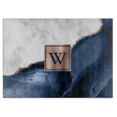 Weiße Marmor-Roségold-Navyblau-Achat-Monogramm Schneidebrett (Vorderseite)