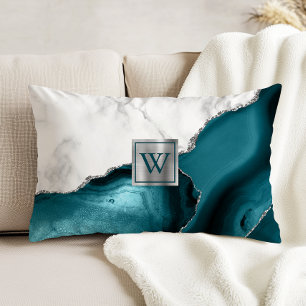 Weiße Marmor Teal Achat Silber Glitter Monogramm Dekokissen