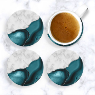 Weiße Marmor Teal Blau Achat Silber Glitter Getränkeuntersetzer