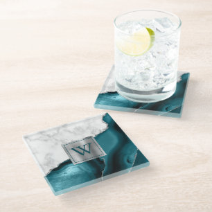 Weiße Marmor Teal Blau Achat Silber Monogramm Glasuntersetzer