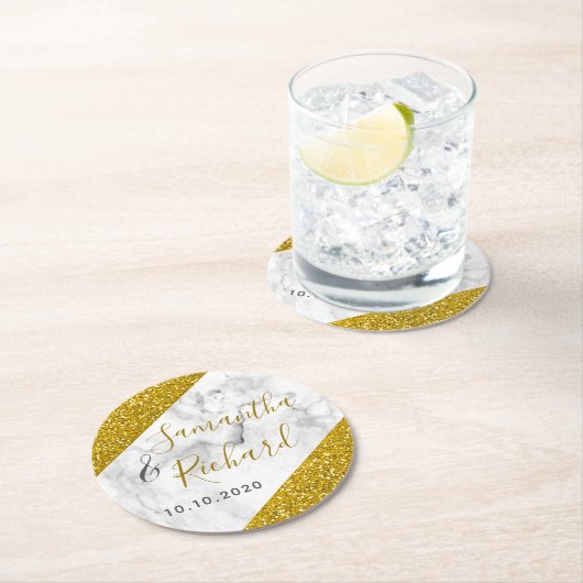 Weiße Marmor-und GoldGlitzer-Hochzeit Runder Pappuntersetzer (Vor Ort)