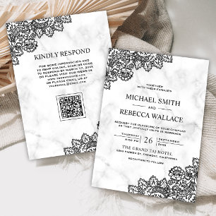 Weiße Marmor- und schwarze Spitze QR-Code-Hochzeit Einladung