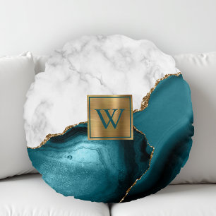 Weiße Marmor vergoldete Teal Achat Monogramm Rundes Kissen