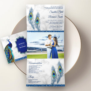 Weiße Marmorblaue indische Pfauenfedern Hochzeit Dreifach Gefaltete Einladung