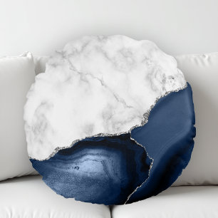 Weiße Marmornavy Blaue Achat Silber Glitter Rundes Kissen