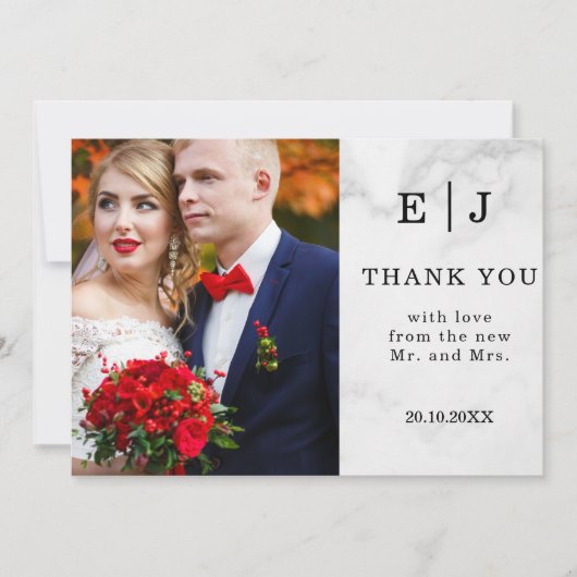 Weiße Marmorplatte Zwei Foto Hochzeit Danke Karte (Vorderseite)