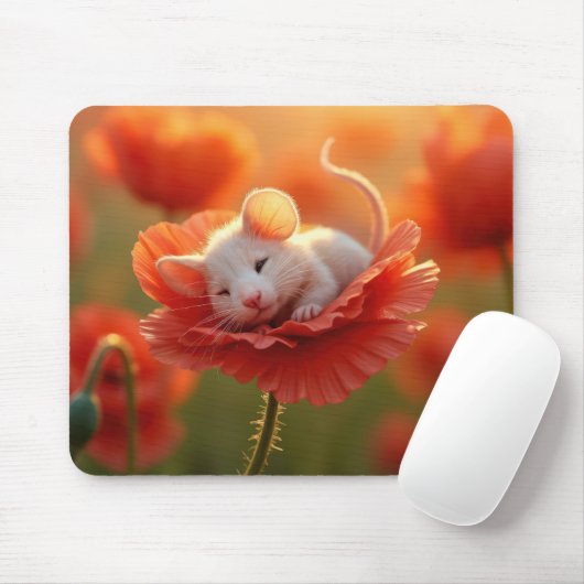 Weiße Maus auf einem roten Mohn ruhen Mousepad (Mit Mouse)