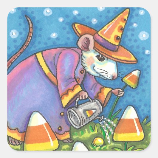 WEISSE MAUS IN CANDY CORN GARDEN, FARBFARBIG UND N QUADRATISCHER AUFKLEBER (Vorderseite)