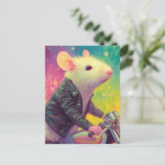 Weiße Maus in schwarzer Lederjacke Postkarte (Stehend Vorderseite)