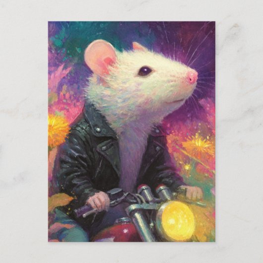 Weiße Maus in schwarzer Lederjacke Postkarte (Vorderseite)