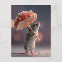 Weiße Maus mit einem Pilz als Schirm