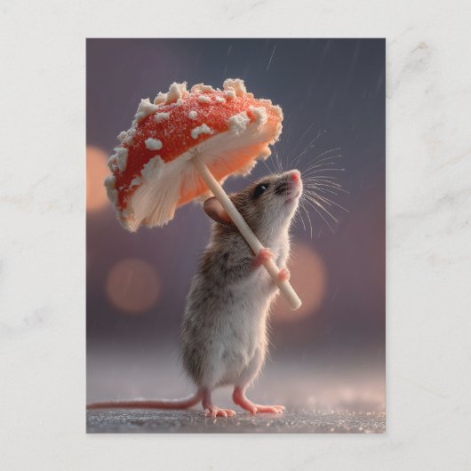 Weiße Maus mit einem Pilz als Schirm Postkarte (Vorderseite)