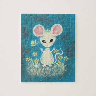 Weiße Maus mit gelben Blumen und Schmetterling. Puzzle