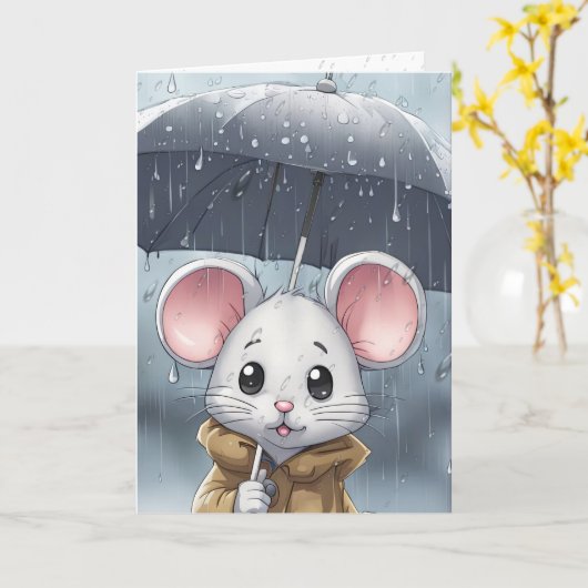 Weiße Maus mit Schirm Karte (Gelbe Blume)