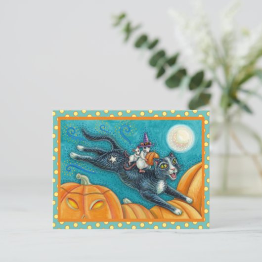 WEISSE MICK & SCHWARZE KATZE AUF HALLOWEEN SCAVENG POSTKARTE (Stehend Vorderseite)