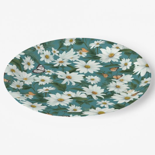 Weiße Milch und Schmetterlinge Pappteller (Schrägansicht)