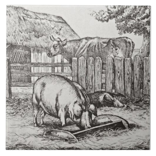 Weiße Minton Farmtiere Schweine Tile Repro c 1879 Fliese (Vorderseite)