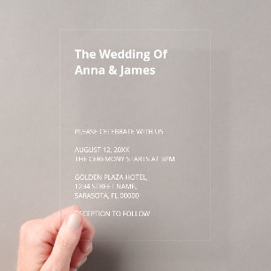 Weiße moderne Hochzeitsacryl-Einladung mit Text Acryleinladungen