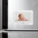 Weiße, moderne Scalloped Rahmen Geburtsankündigung Magnet<br><div class="desc">Moderner Geburtsankündigungsmagnet mit dem Foto Ihres Babys,  das sich in einem weißen Skallopierrahmen versteckt. Personalisieren Sie den weißen Geburtsankündigungsmagnet,  indem Sie den Namen Ihres Babys und zusätzliche Informationen in schwarzer Schrift hinzufügen.</div>