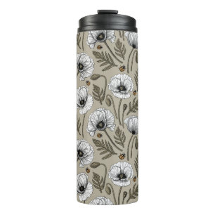 Weiße Mohnblüten und Ladybugs Thermosbecher