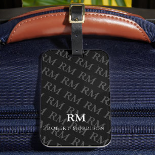 Weiße Monogramm-Initialen Graues Muster Schwarz Gepäckanhänger